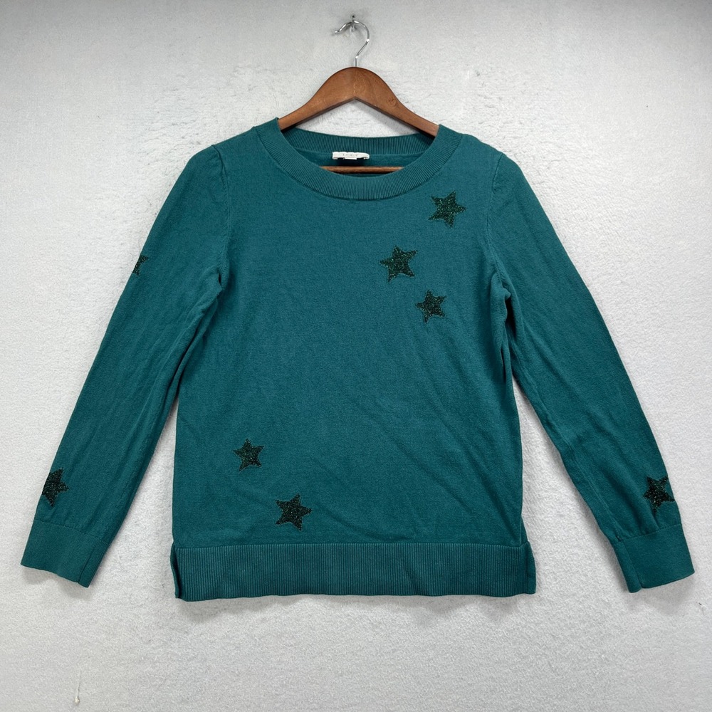 LOFT Outlet Sweater Womens Medium Teal Star Embellished Crew Neck Knit Celestial